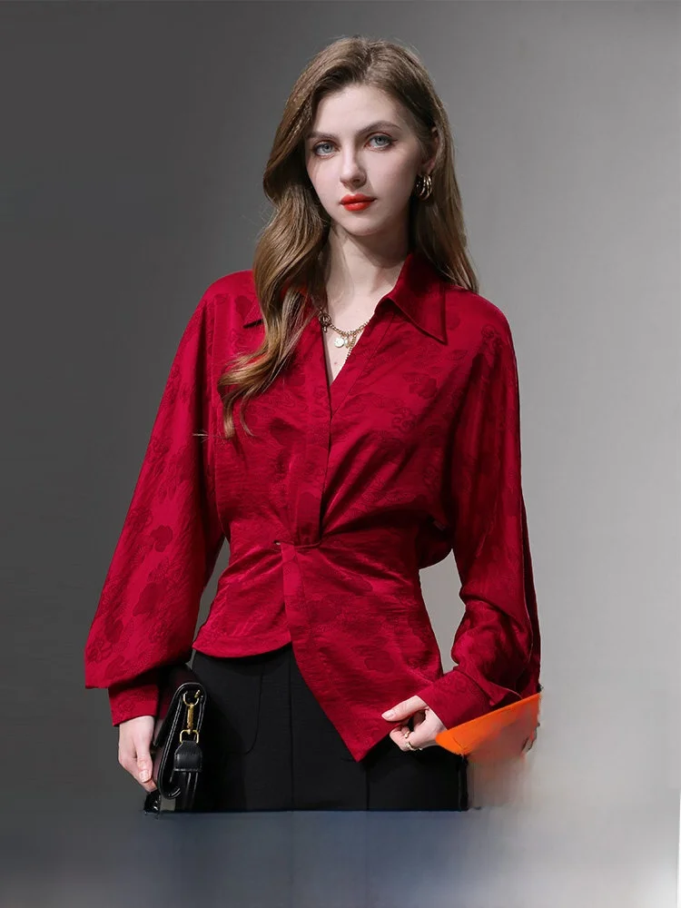 

Retro V-ne Lantern Sve Waist-cinching Design Knot Embroidered Satin Women's irt Casual Loose Long Sve Button-down