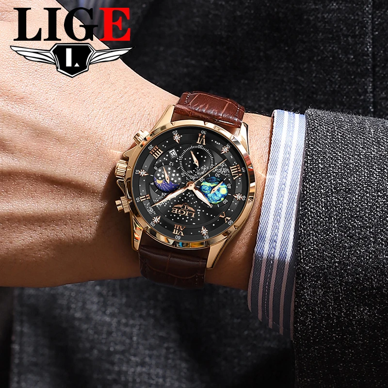 

LIGE Fashion Luxury Quartz Men Watch Business Waterproof Luminous Starry Sky Leather Strap Watches for Men Chronograph Man Clock