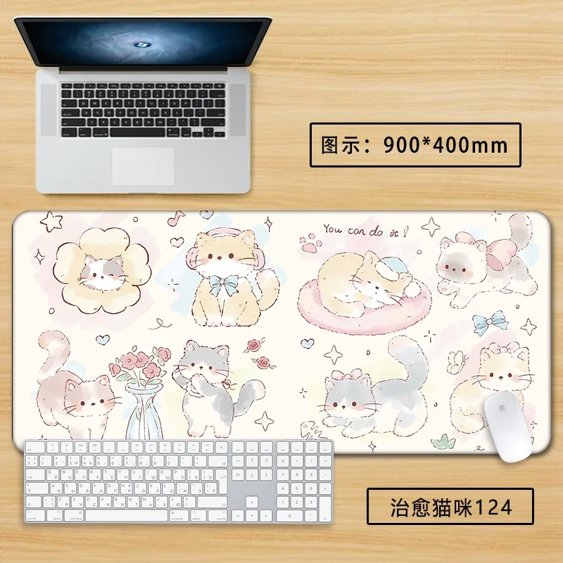 Healing Kawaii Cat Large Mouse Pad - XXL Cute Desk Mat for Office/Home, Adorable Cartoon Keyboard Cover with Non-Slip Base