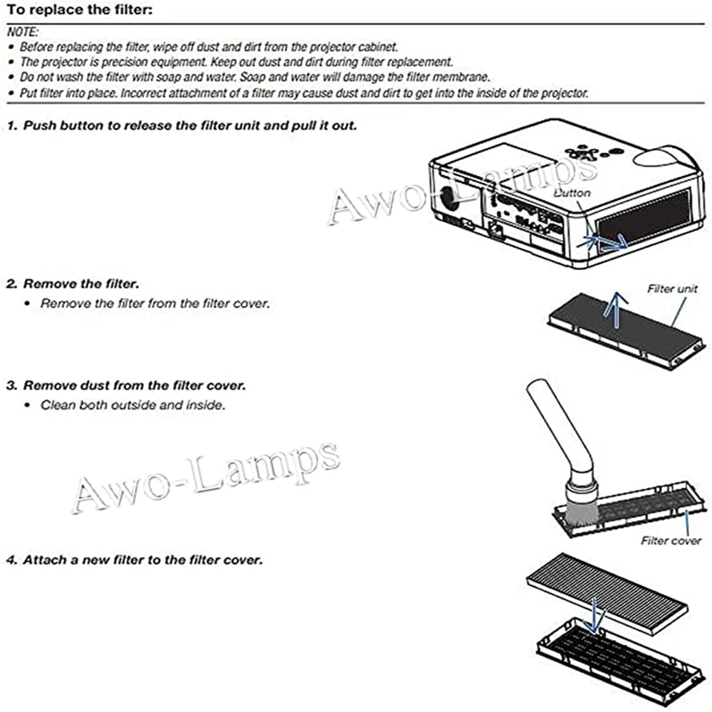 Substituição do filtro de ar para projetor Eiki, EK-307W,EK-306U,EK-305U,EK-303U,EK-302X,EK-301W,EK-100W,EK-101X,EK-102X