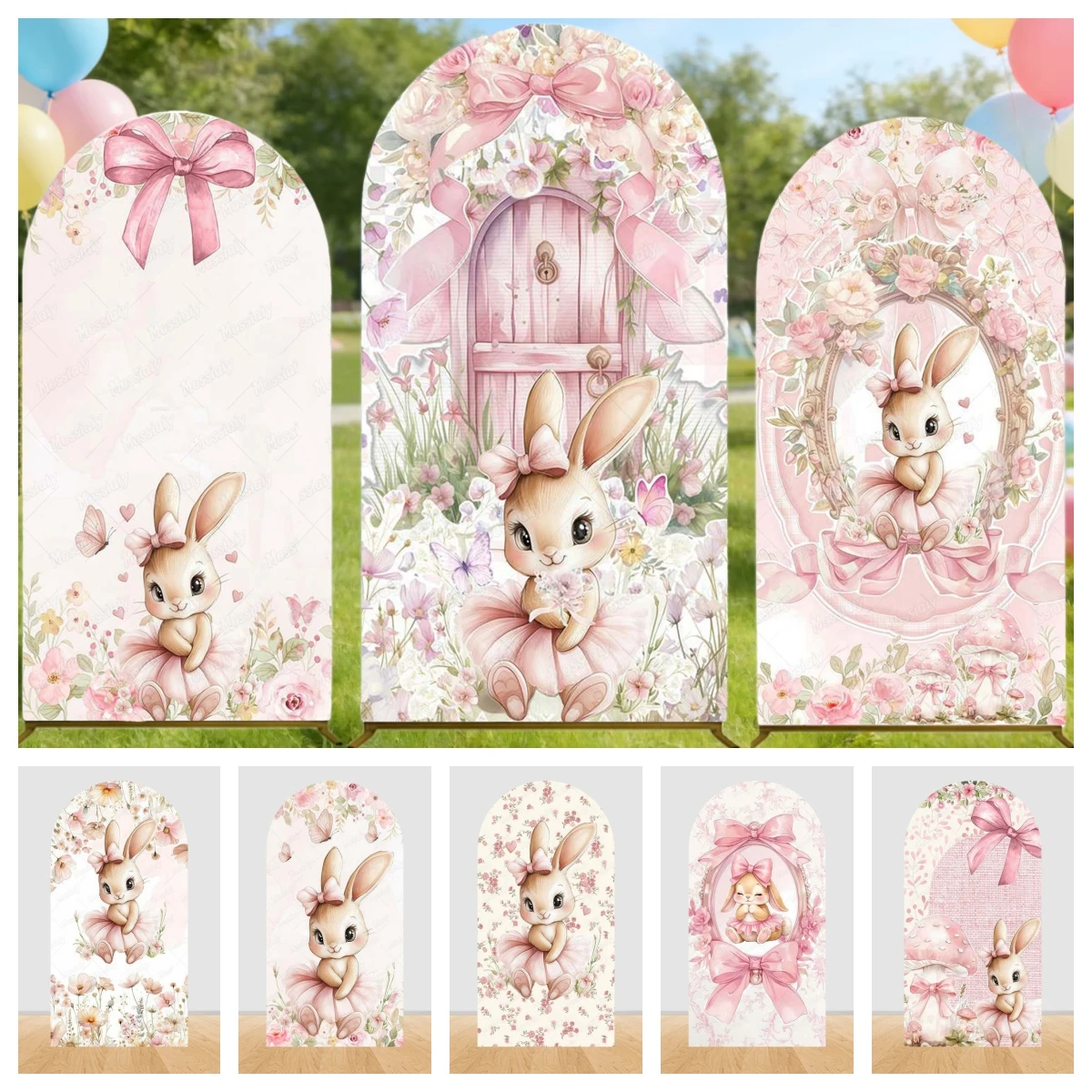 Housse de toile de fond arquée pour anniversaire Thème Lapin, Robe rose lapin, Nœud floral, Décoration de fête pour gâteau et mur photo, pour fille