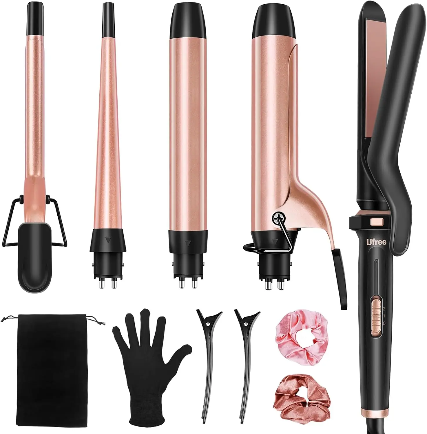 

5-in-1 Ceramic Curling Iron with Interchangeable Barrels, Hair Straightener, Instant Heat, Dual Voltage for Women