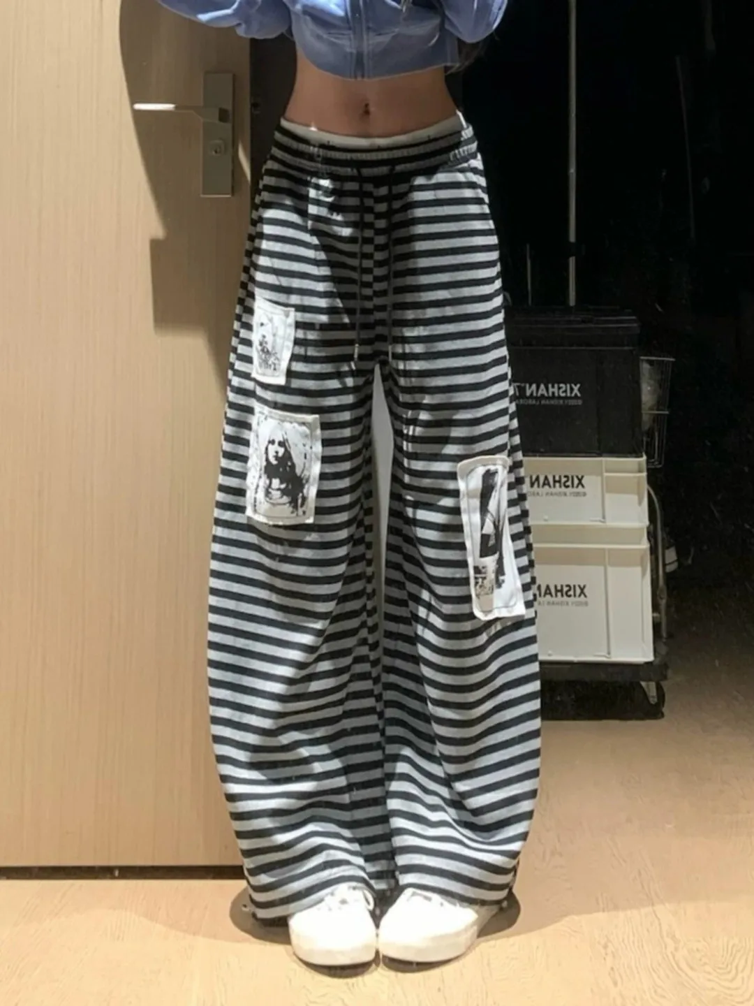 American Style Vintage Distressed Patchwork Wide Leg Pants Casual Dance Loose Drawstring Curved Knife Pants for Men And Women