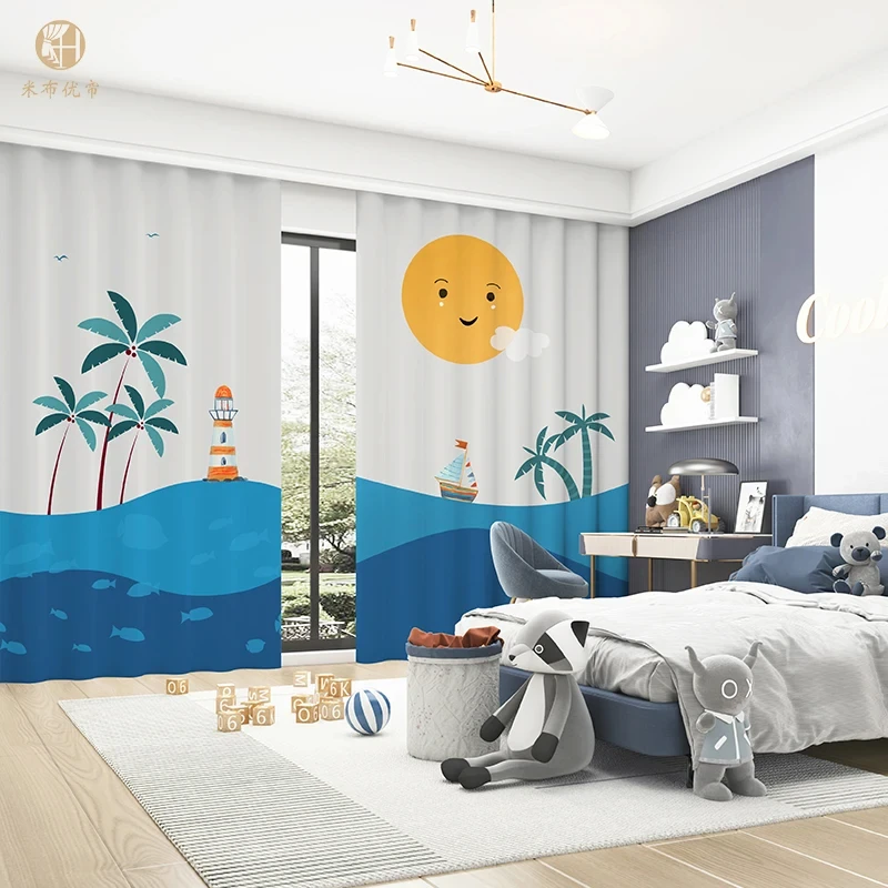 Fashion Modern Simple Cartoon Sailboat Ocean Boy Children's Bedroom Thin Curtain 2 Pieces Grommet Top Hook High Shading New