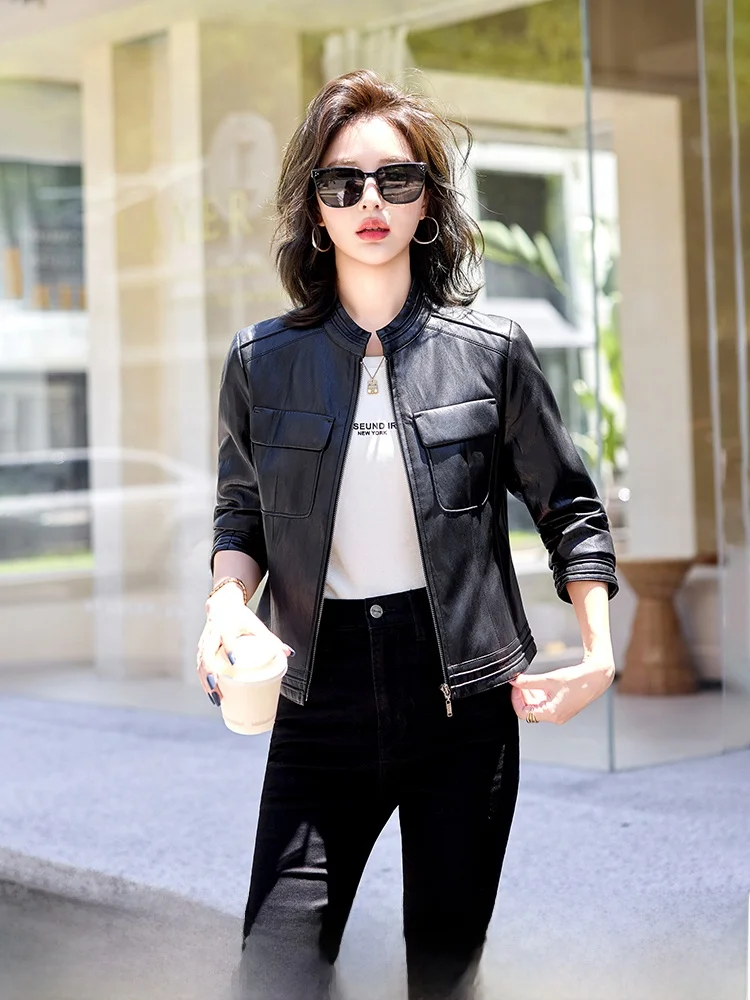 

Кожаная куртка с эффектом похудения, женская, укороченная, с воротником-стойкой, из овчины, в байкерском стиле, больших размеров, корейская верхняя одежда