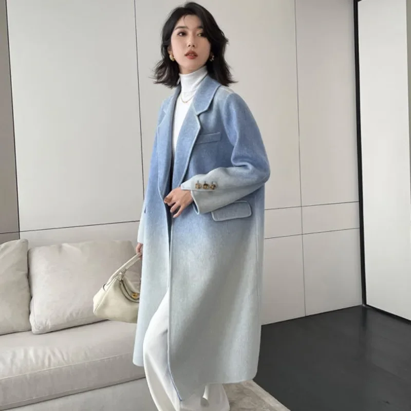 High Quality Women Gradient Color woolen  cloth Coat Female Temperament Long Below The Knee Outwear Casual Fashion Outcoat