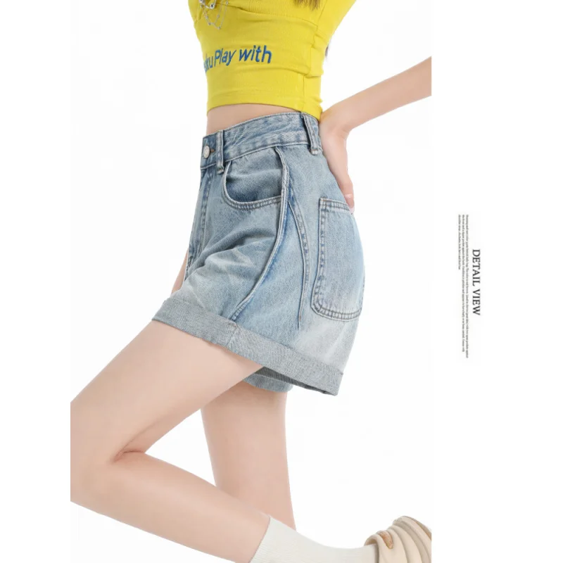 Sommer Damen Denim Shorts Hohe Taille Blau Baumwolle Breite Bein Kurze Hosen Mädchen Student Mini Koreanische Mode Damen Jean shorts