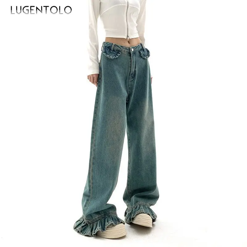 

Lugentolo Women Vintage Fashion Jeans Casual Loose Straight Leg Solid Bleached Female Street Washed New Mid-rise Wide-leg Pants