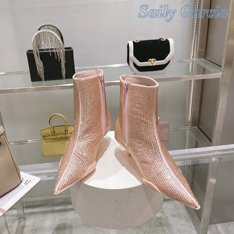 

2024 Rhinestone Decorated Woman Ankle Booties Low Heel Autumn Modern Solid New Arrival Fashion Party Luxury Daily Dress Shoes