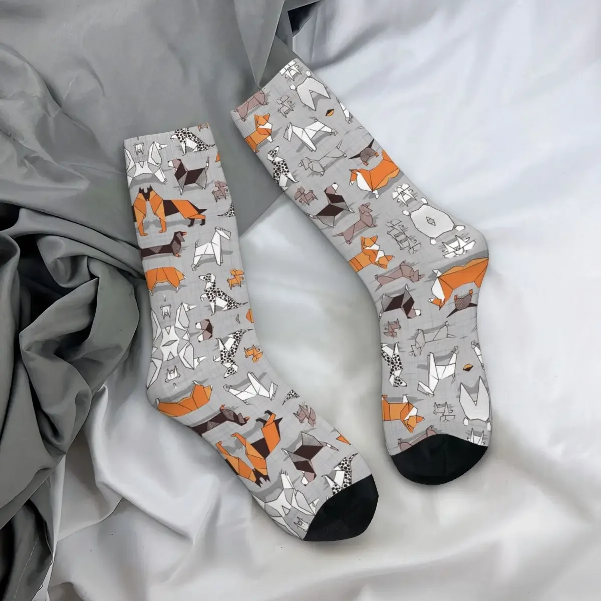 Chaussettes longues en lin gris Origami Doggie Friends, fond de Bergame, bas Harajuku, toutes saisons, cadeaux unisexes, haute qualité