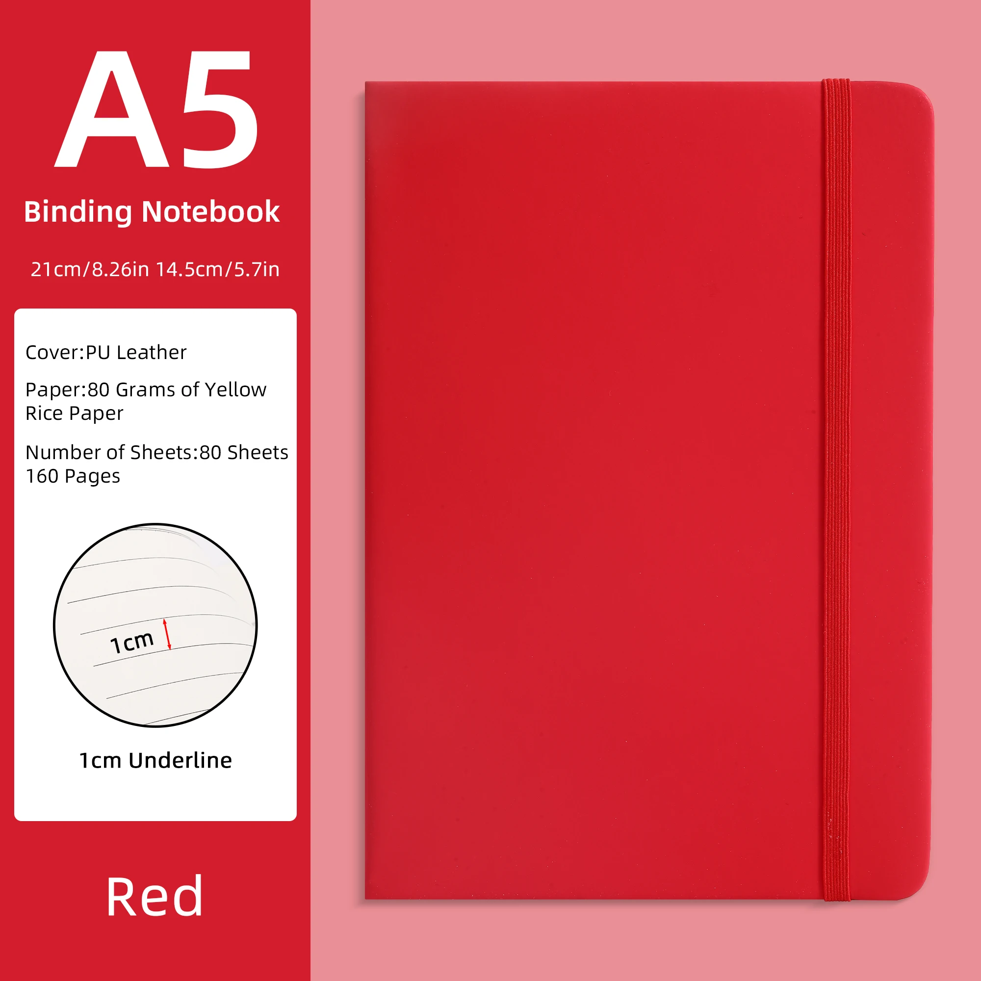 A5 PU-Leder Notizbuch - Lila, 80 Blatt (160 Seiten) 80g/m² Gelbes Reispapier, 1cm Unterstrichung, Hardcover-Journal mit Gummiband – Detail 6