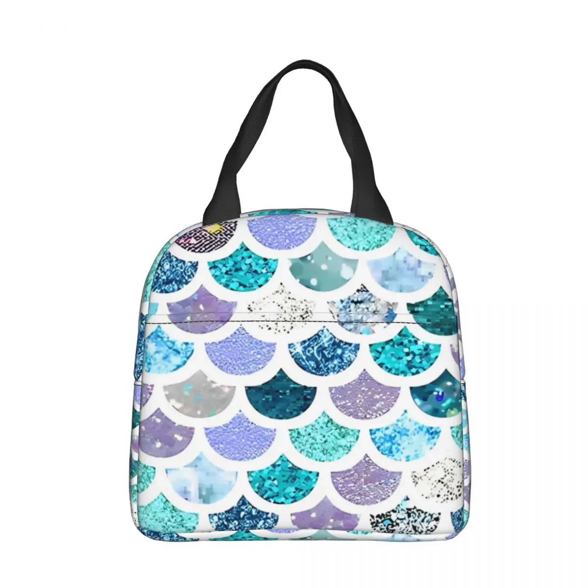 Glitter Mermaid Scales Print Insulated Lunch Bag Large Reusable Thermal Bag Tote Lunch Box School Picnic Girl Boy