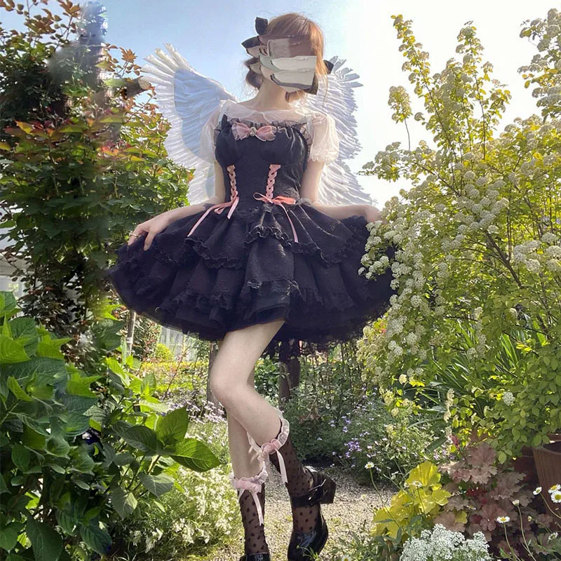 

Original Design Lolita Dress Taboo Love Gothic Style JSK Strap Dress Women's Black Multi Layer Dress 6-layer Yarn Skirt Support
