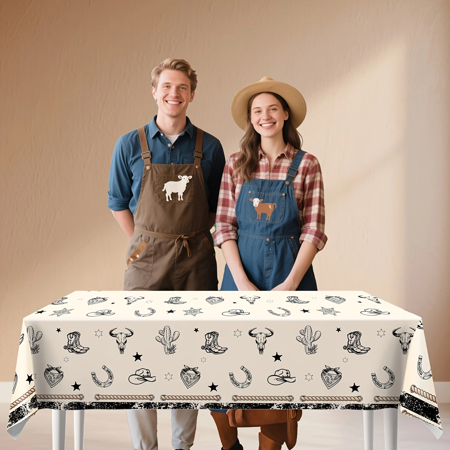 VIKAMA Western Cowboy Cream Longhorn Cactus Boot Rectangular Tablecloth Washable Cover for Dining Room Kitchen Holiday Home