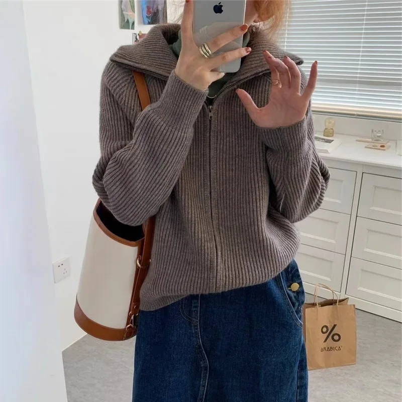 

2026 New Teen Sweater Cardigan Women Spring New Solid Vintage All-match Elegant Zipper Loose Daily Soft Sweet Simple Casual Knit
