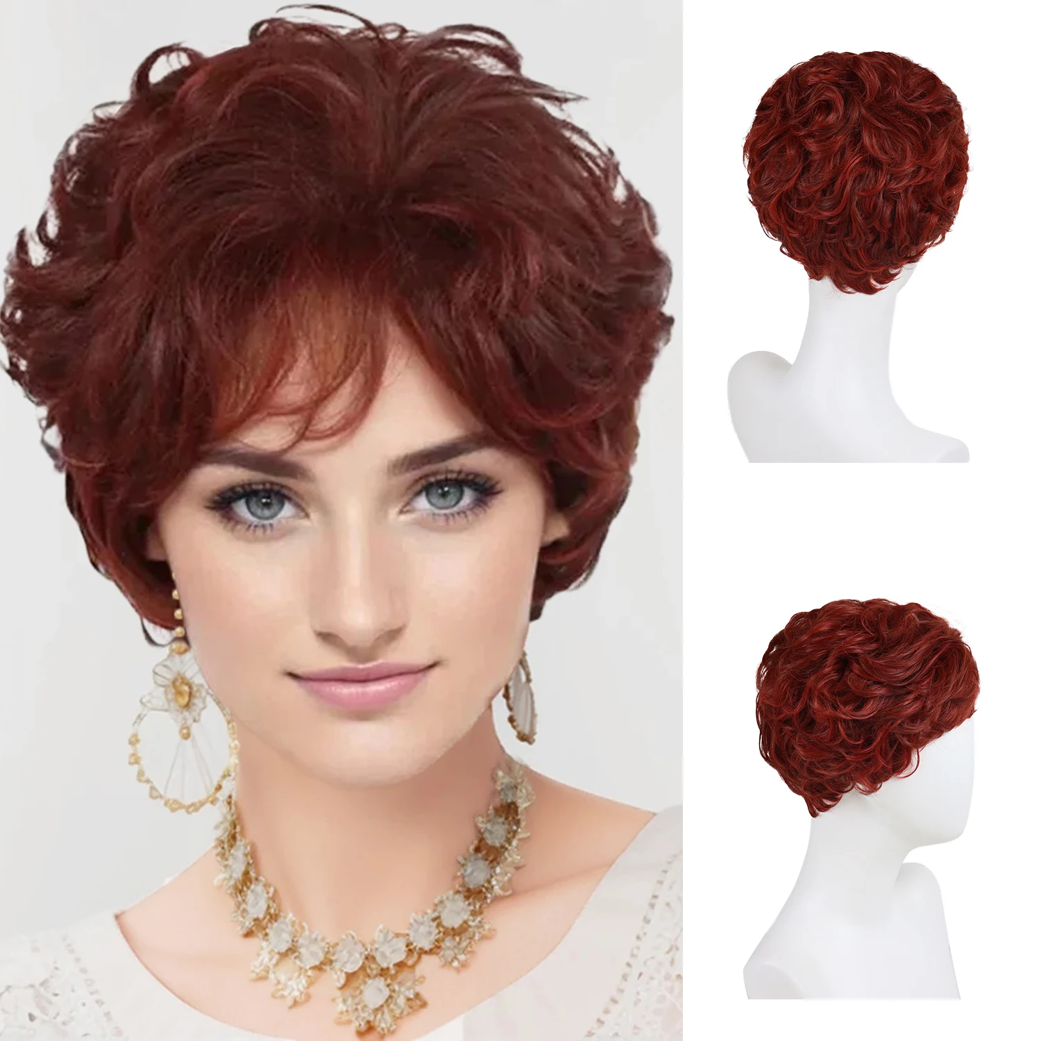 

Short Red Curly Wigs for Women Mixed Wine Red Wig with Bangs Natural Hairstyle Mommy Wigs for White Old Lady Halloween Costume