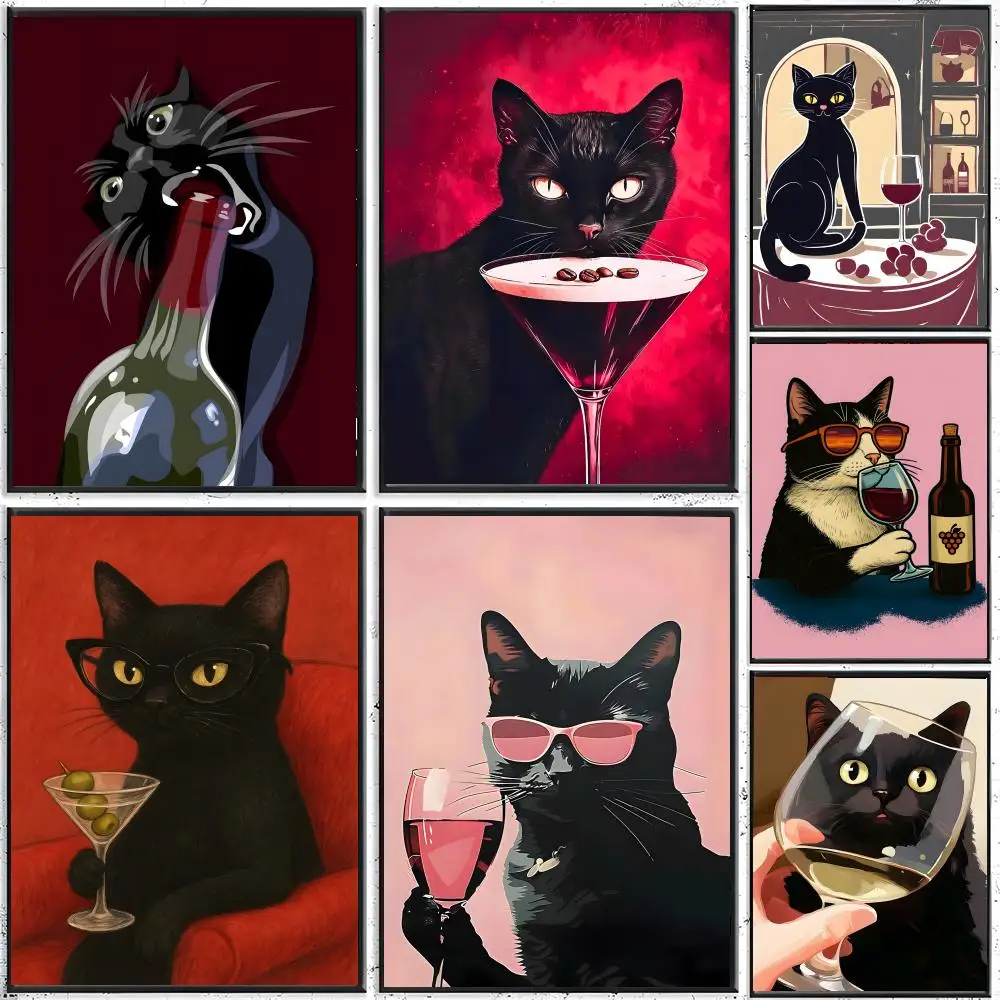 Black Cat with Glass Bottle Wine Chess Poster Classic poster and wall art prints are suitable for living rooms, bedrooms, bars