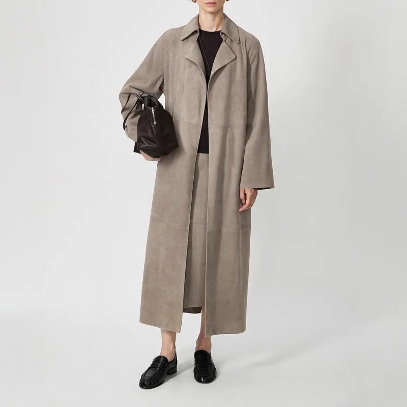 

Women Genuine Leather Double-sided Goat Velvet Lapel Long Trench Coat