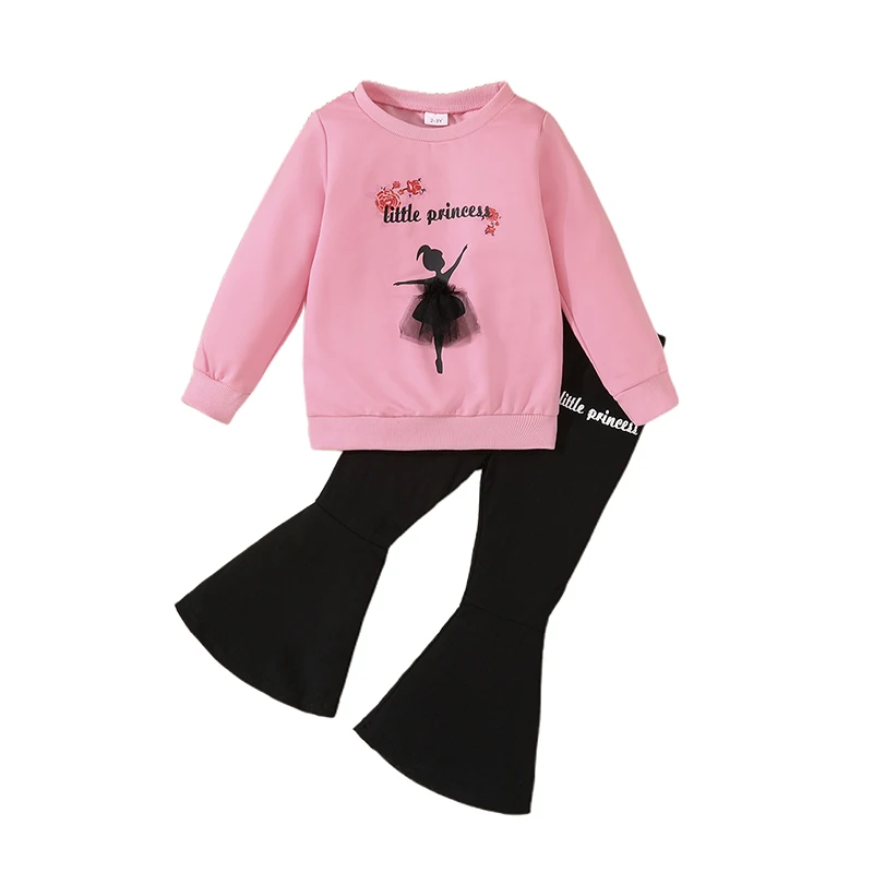 Kid Clothes Girls Fall Sets Ballet Letter Print Long Sleeve Round Neck Sweatshirt Long Flare Pants Outfits