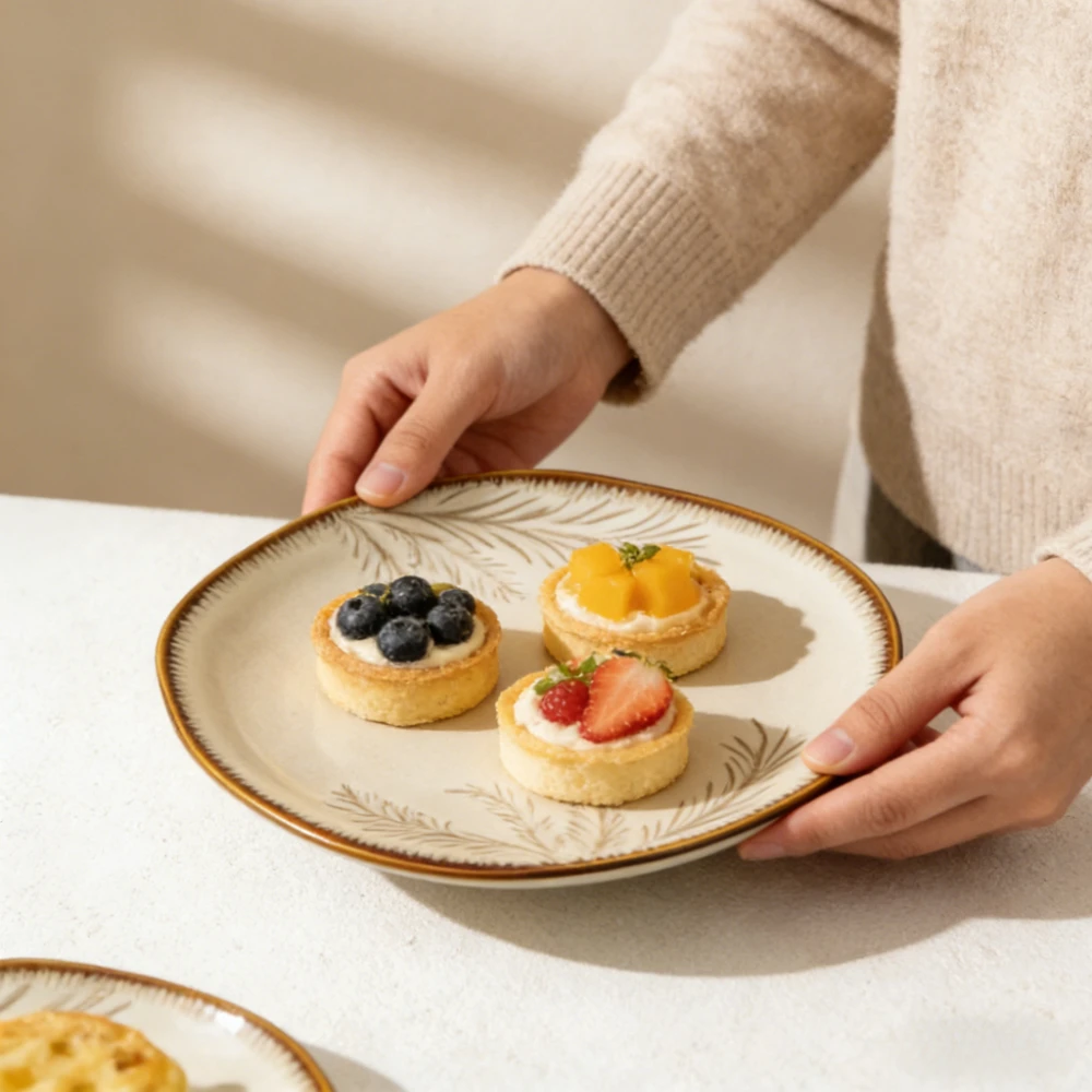 Japanese Unique-shaped Hand-painted Relief Leaf Ceramic Plate, Vintage Brown-edge Household Salad and Ramen Plate, Tableware