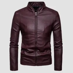 2023 Mens Fashion Leather Jacket Slim Fit Stand Collar PU Jacket Motorcycle Zipper Jackets Men Autumn and Winter Streetwear