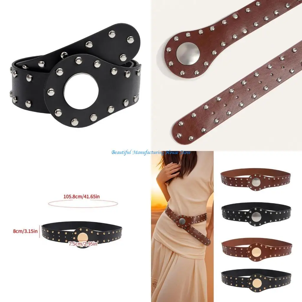 E56A Gothic Punk Fashion Belt Heavy Duty Studded Design Waist Girdle PU Leather Waist Ornament Sash for Daily Wear
