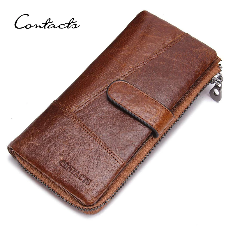 

CONTACT'S Genuine Leather Wallets for Men Long Vintage Bifold Men's Wallet Zipper Coin Purses Card Holders Money Clips Handbags