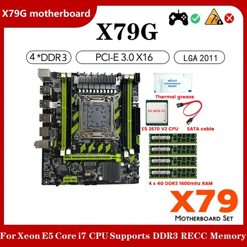 

X79G LGA2011 Motherboard+E5 2670 V2 CPU+4X4G DDR3 RAM+Thermal Grease+SATA Cable Support M.2 NVME PCIE X16 USB2.0 SATA3.0