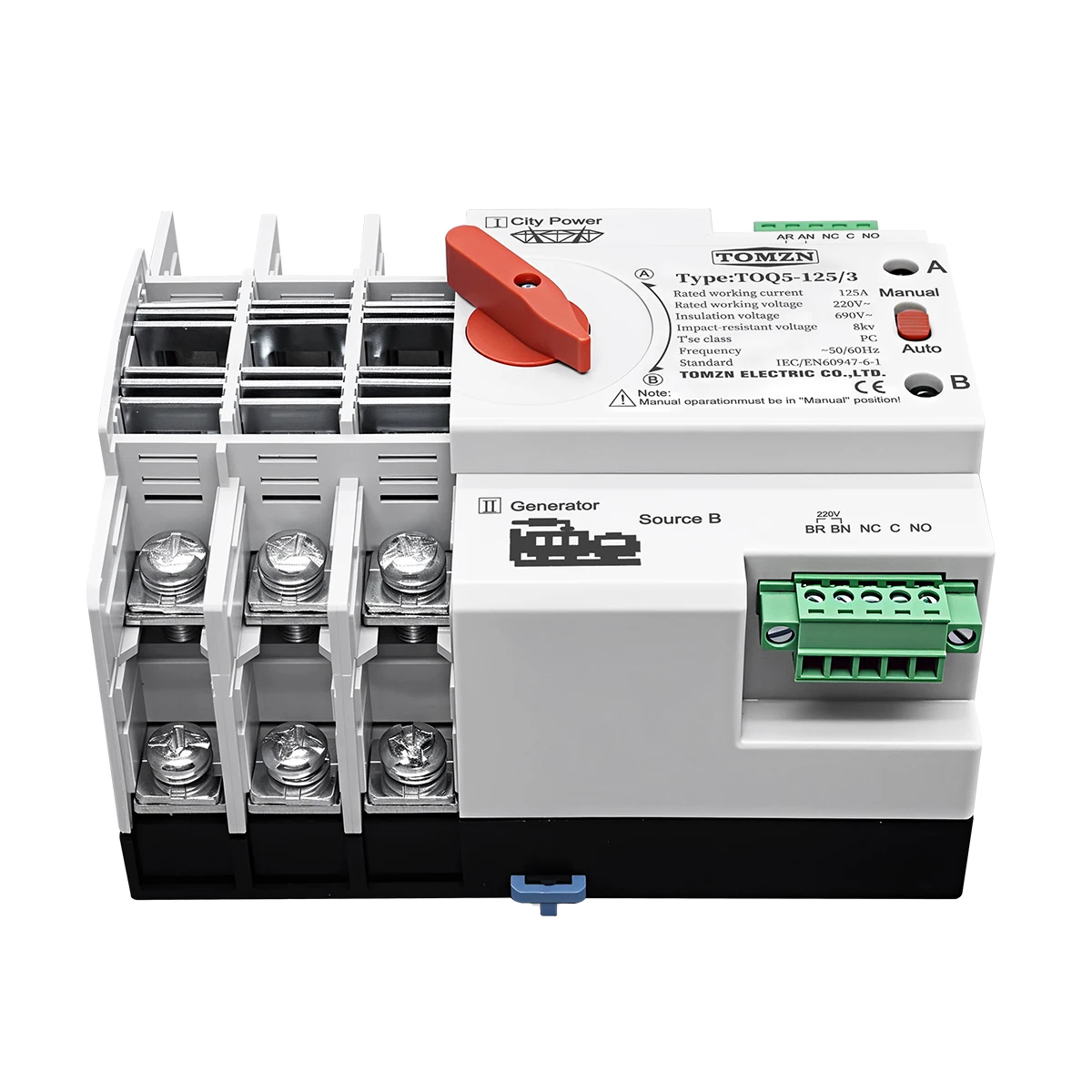 TOMZN 3P 3 Phase Din Rail ATS Dual Power Automatic Transfer Switch Electrical Selector Uninterrupted Power 63A 100A 125A