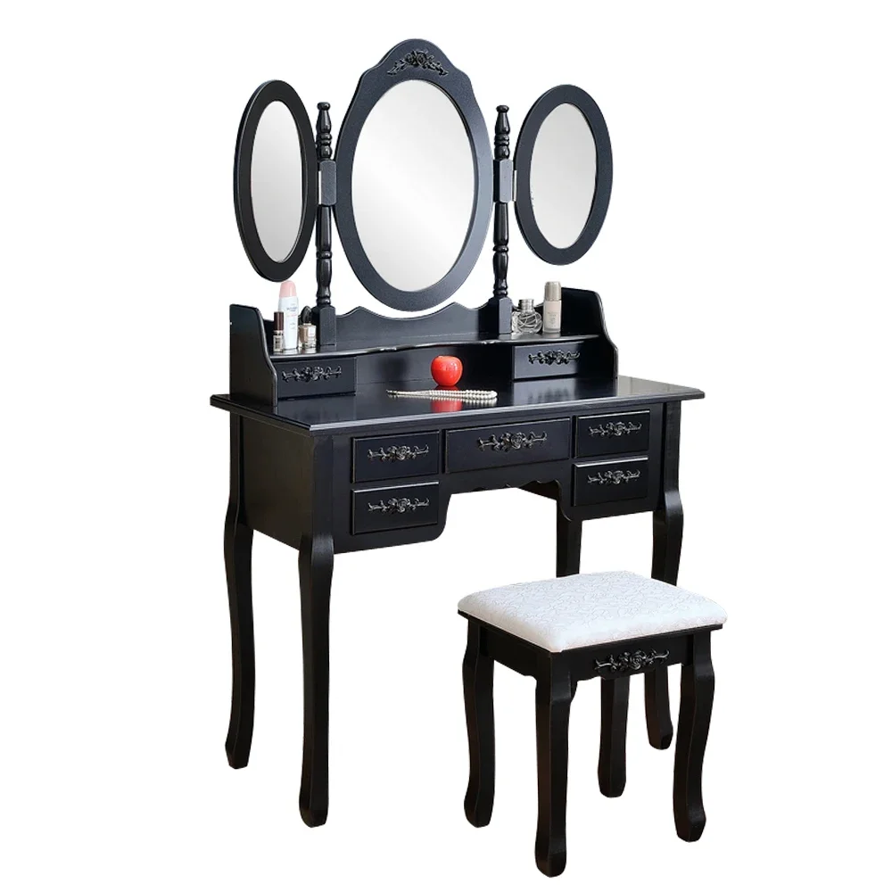 Two Colors Foldable 3 Mirrors with 7 Drawers Dressing Table Black  with Dressing Stool US Warehouse