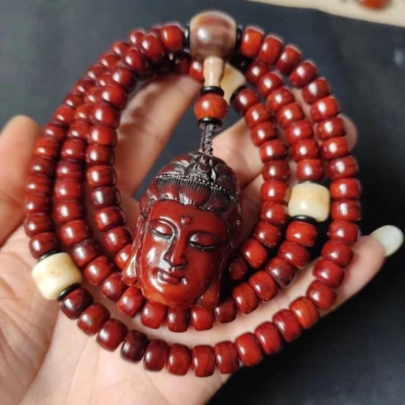 Tibetan Style Bone Handmade High Polished Weathered Old Material 108 Beads with Yak Horn Guanyin Pendant