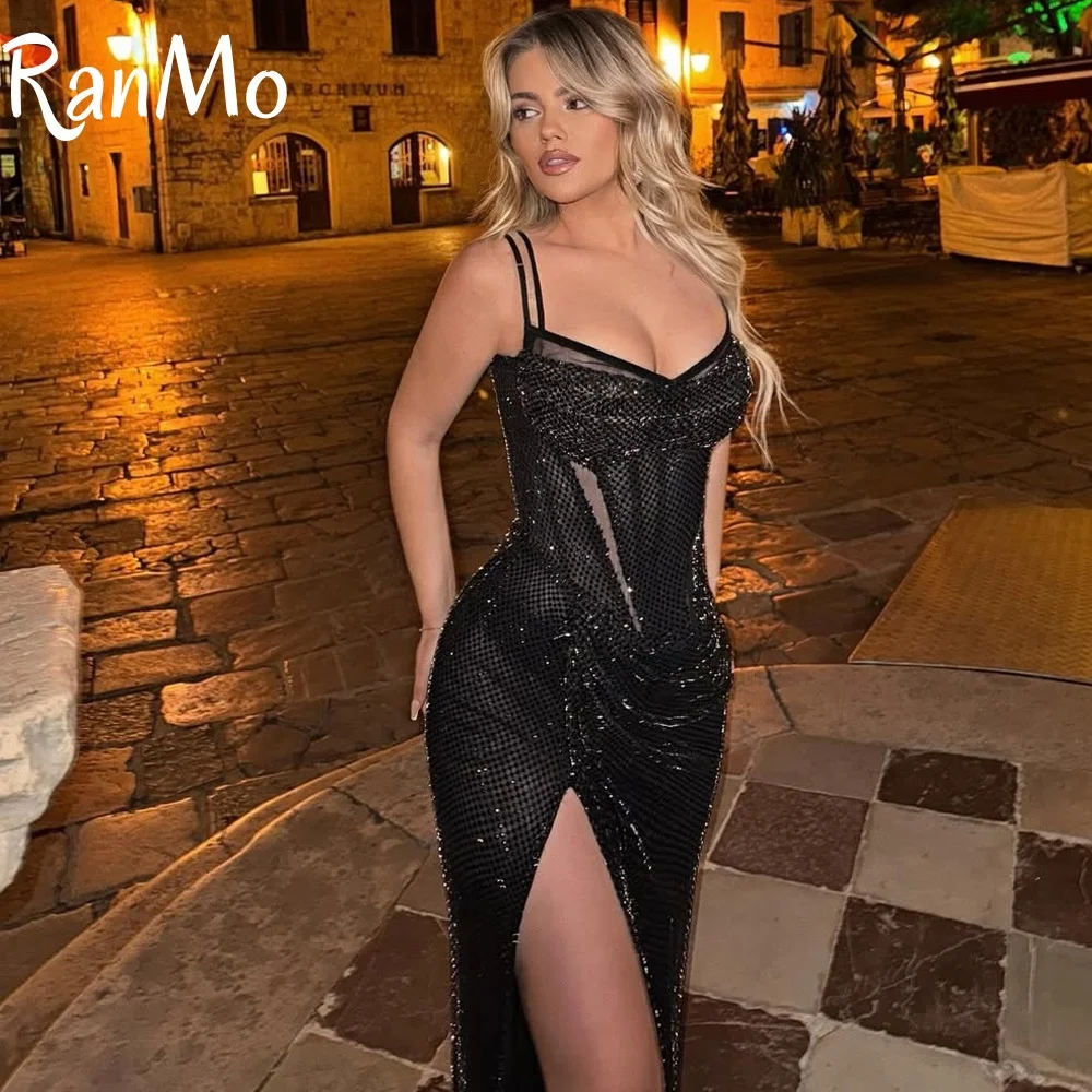

Ranmo блестящее вечернее платье с блестками на бретельках с боковым разрезом свадебное платье по индивидуальному заказу плиссированное роскошное платье для выпускного вечера без рукавов