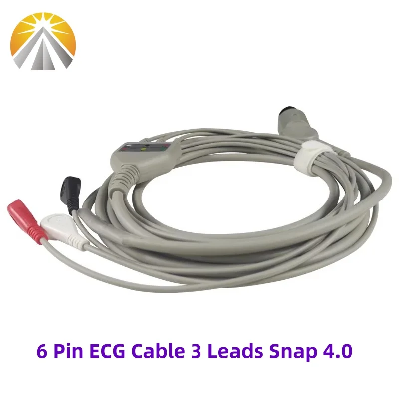 AAMI 6 Pin 3 Leads ECG Cable One Piece Snap 4.0 AHA Standard for Multi Brand Patient Monitor Mindray Carewell Edan Biolight CSI