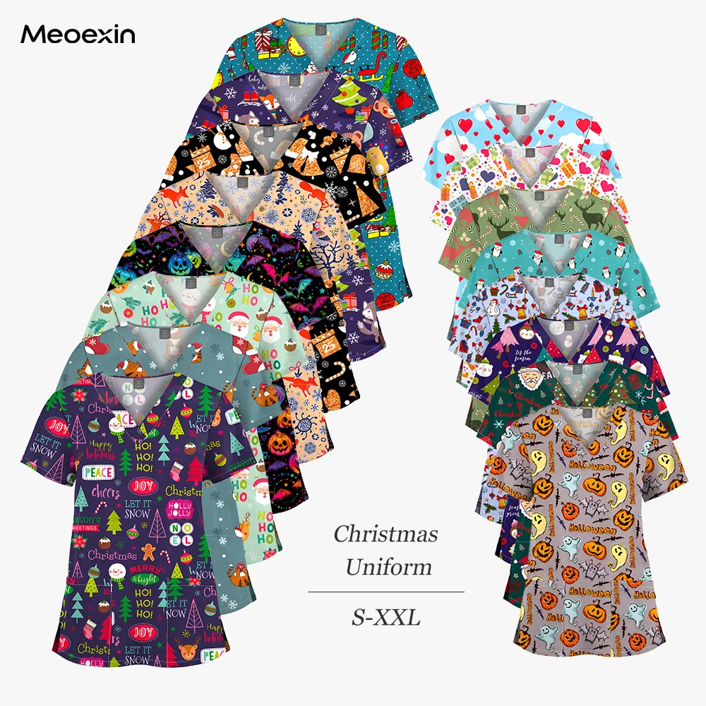 Noël et Halloween imprimé dessin animé gommages hauts médecin infirmière gommages chirurgicaux uniforme vêtements de travail médical T-shirt à manches courtes