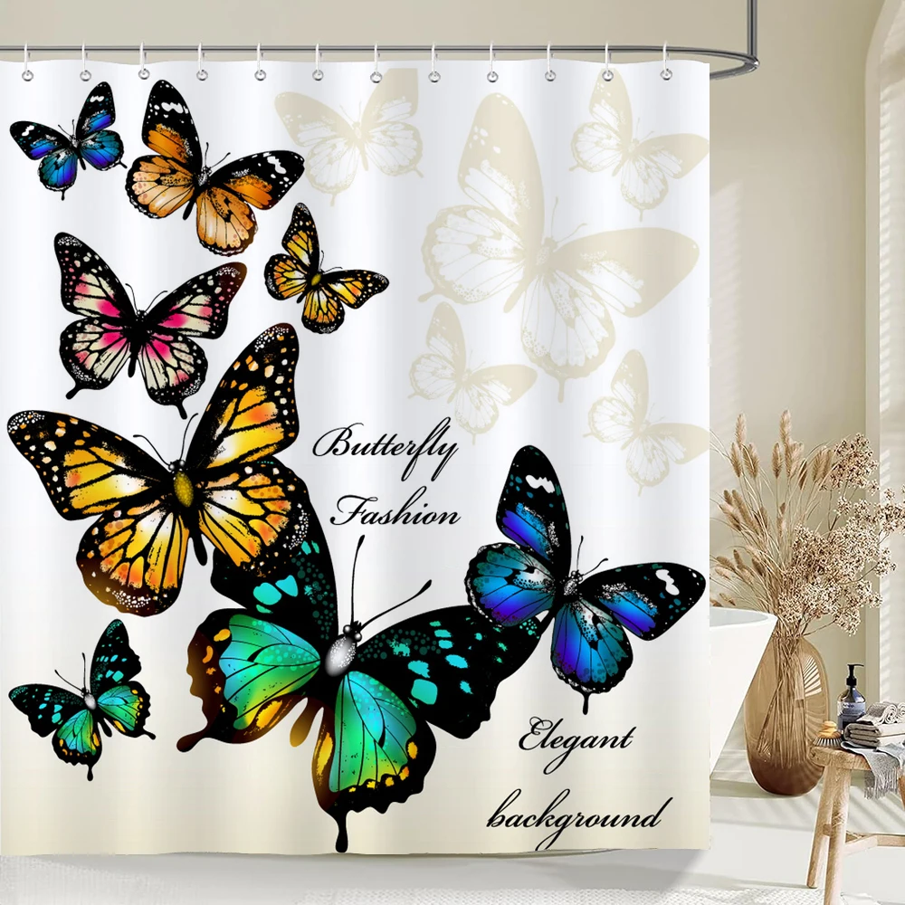 Flowers Butterfly Shower Curtain Fantasy Art Rose Floral Girls Waterproof Fabric Bathroom Curtain Room Decor Curtains With Hooks