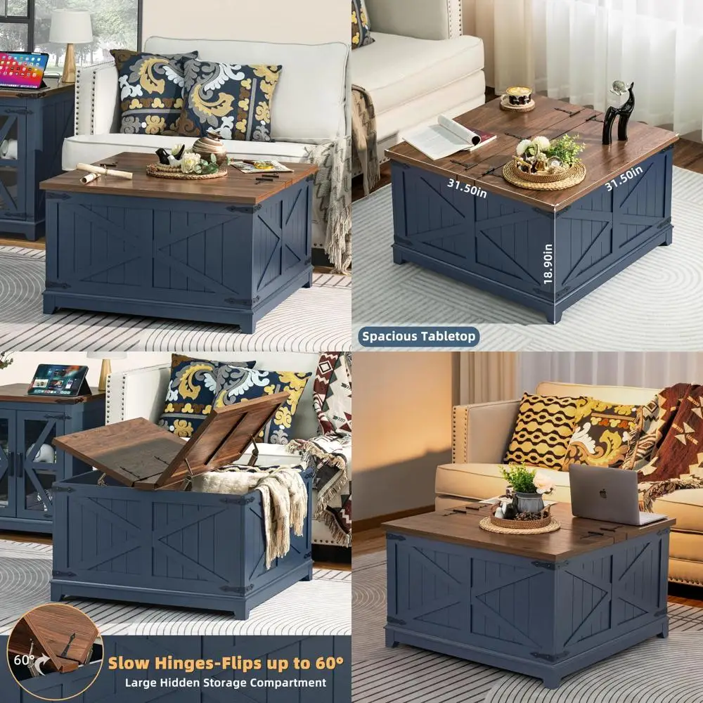 

Modern Large Square Coffee Table with Hidden Storage, Navy Blue Farmhouse Style Living Room Centerpiece