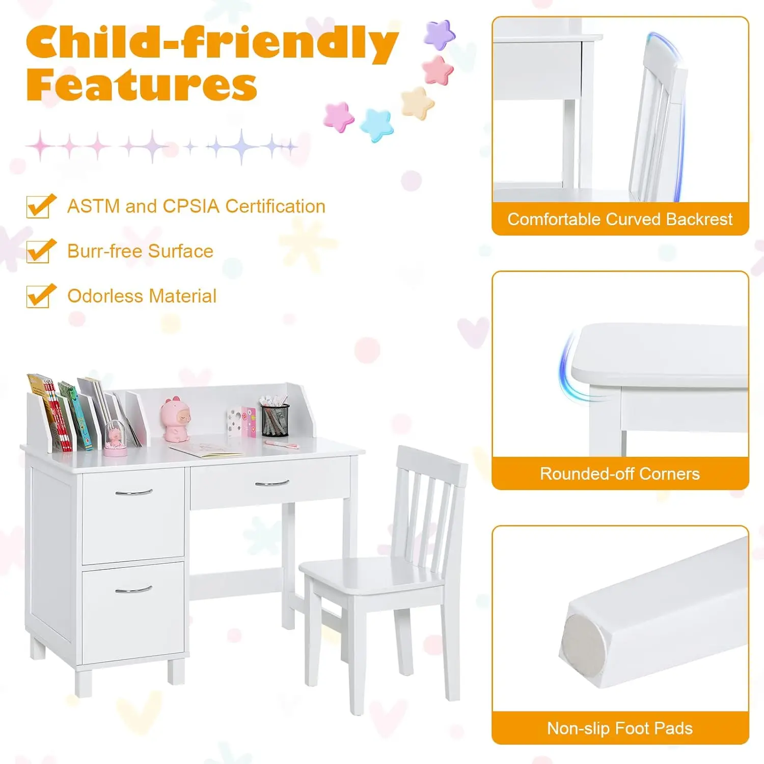 Kids Desk and Chair Set, Children Wooden School Learning Table w/Drawer & Storage Cabinets, Student Writing Computer Workstation