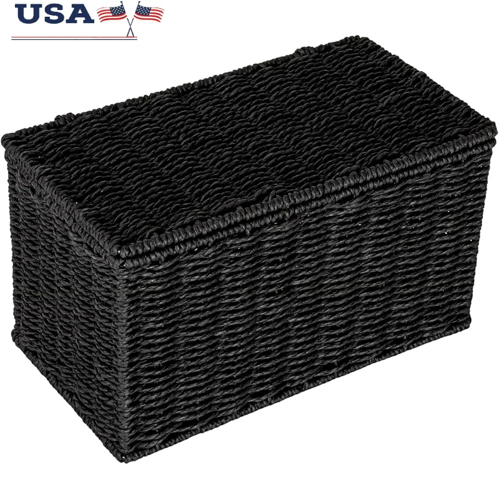 

Handwoven Paper Rope Wicker Storage Basket with Lid Sturdy Metal Frame Versatile Organizer Bathroom Desk Closet 11.75L x 6.25W x