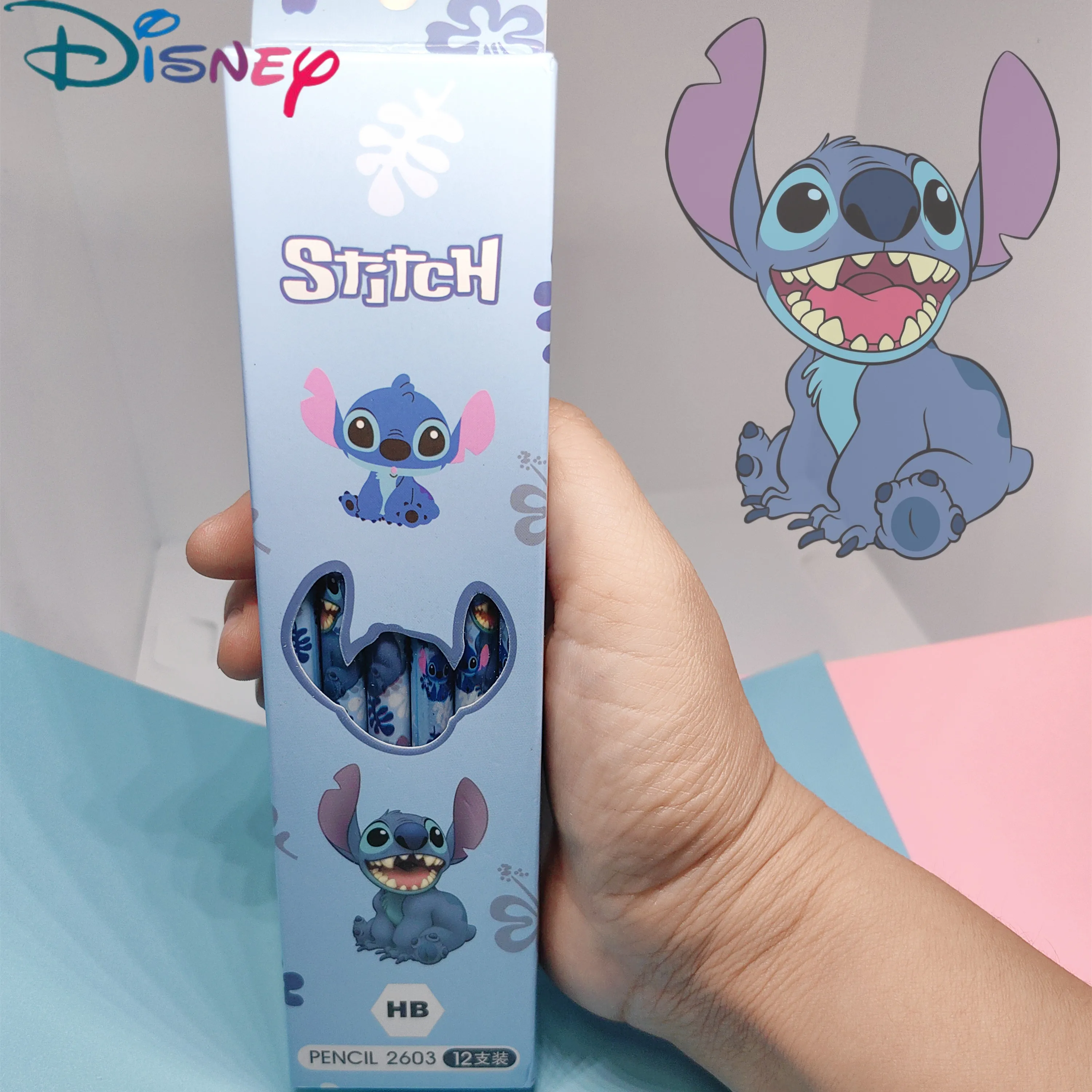 Disney-Juego de lápices de Anime, 12 piezas, serie Lilo & Stitch, papelería para niños, útiles escolares, lindos sacapuntas, regalos de navidad