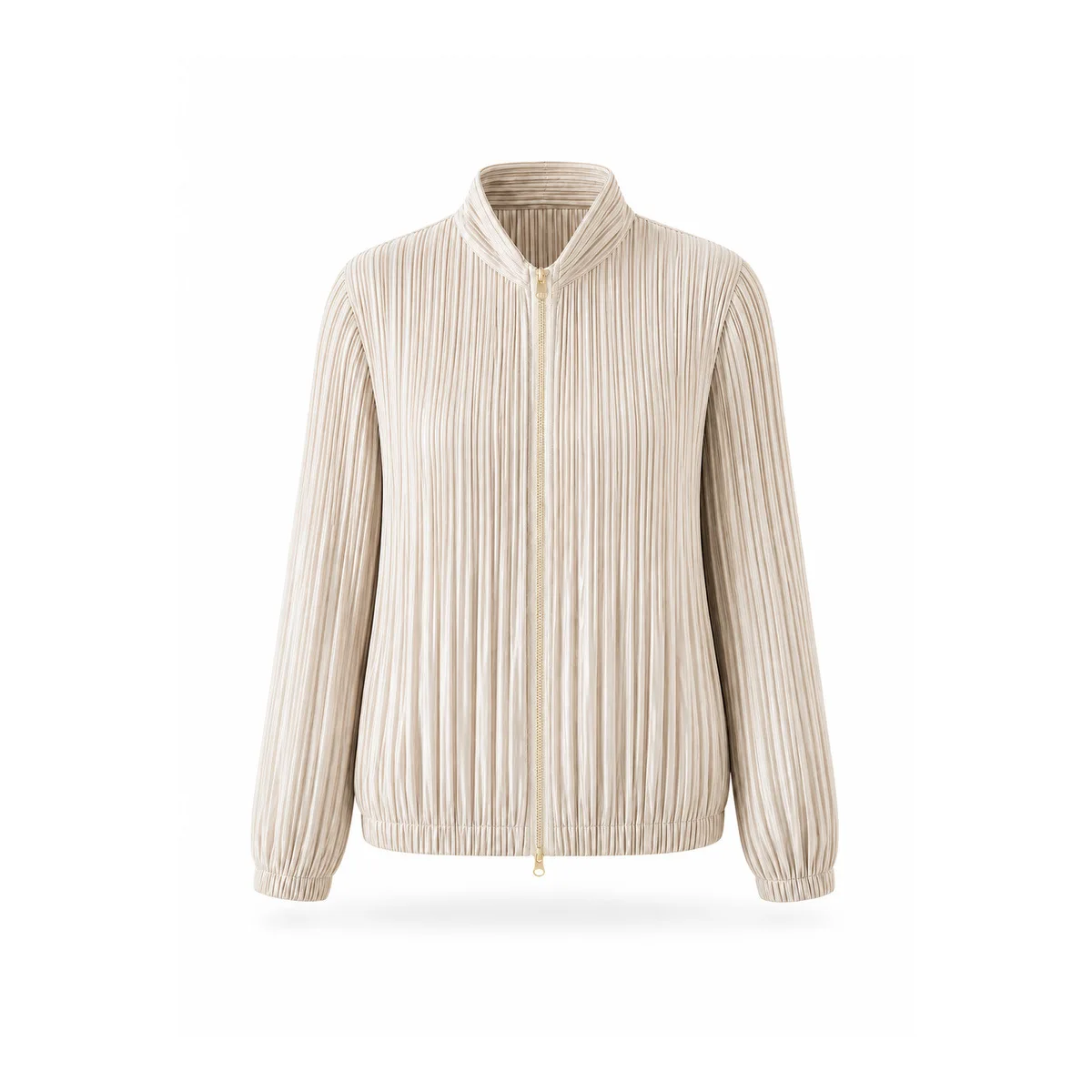 Miyake Women Stand Collar Plisse Pleated Jacket Full Zip Long Sleeve Elastic Cuff Casual Outerwear