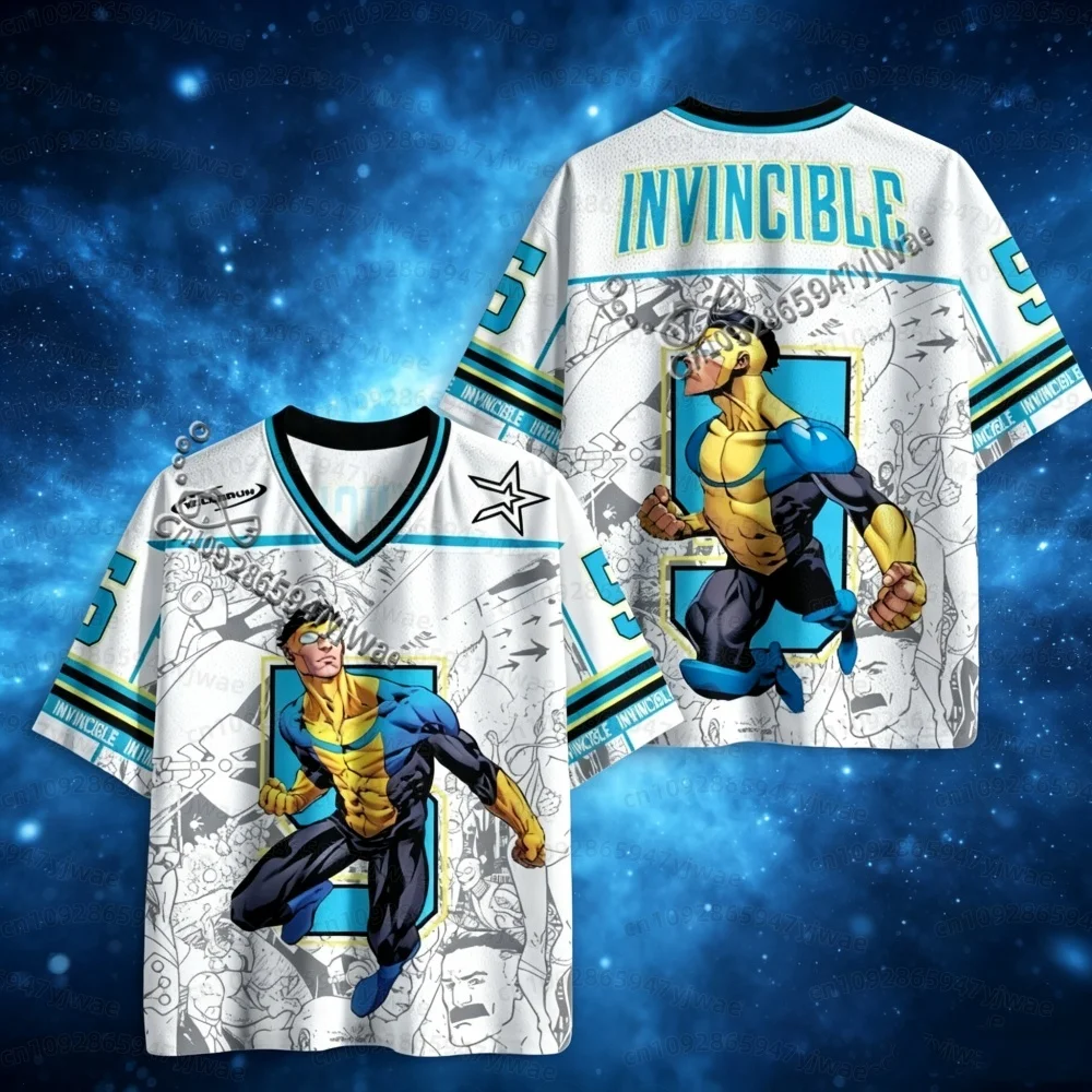 26 Camiseta de manga curta para homem e mulher, com estampa do personagem Mark Grayson do anime Invincible, camisola de futebol, camiseta com etiqueta de nome para homem.
