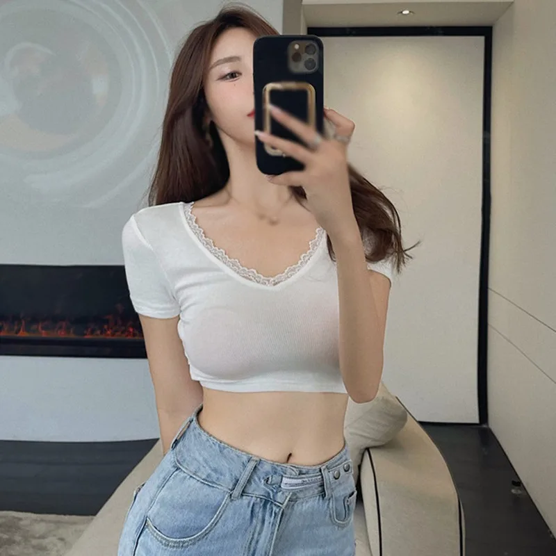 Women's Fashion V Neck T-Shirt Backless Slim Exposure Navel Short Sleeve T-Shirt Tops