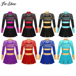 Kids Girls Cheerleading Dance Dress Glittery Rhinestones Letter Pattern Metallic Contrast Color Long Sleeve Mini Pleated Dress