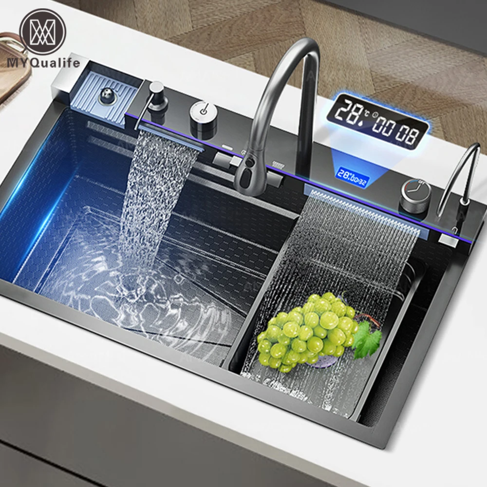 Fregadero de cocina de cascada de acero inoxidable 304, juego de grifería con pantalla Digital integrada de ranura única grande, dispensador de jabón, lavadora de tazas