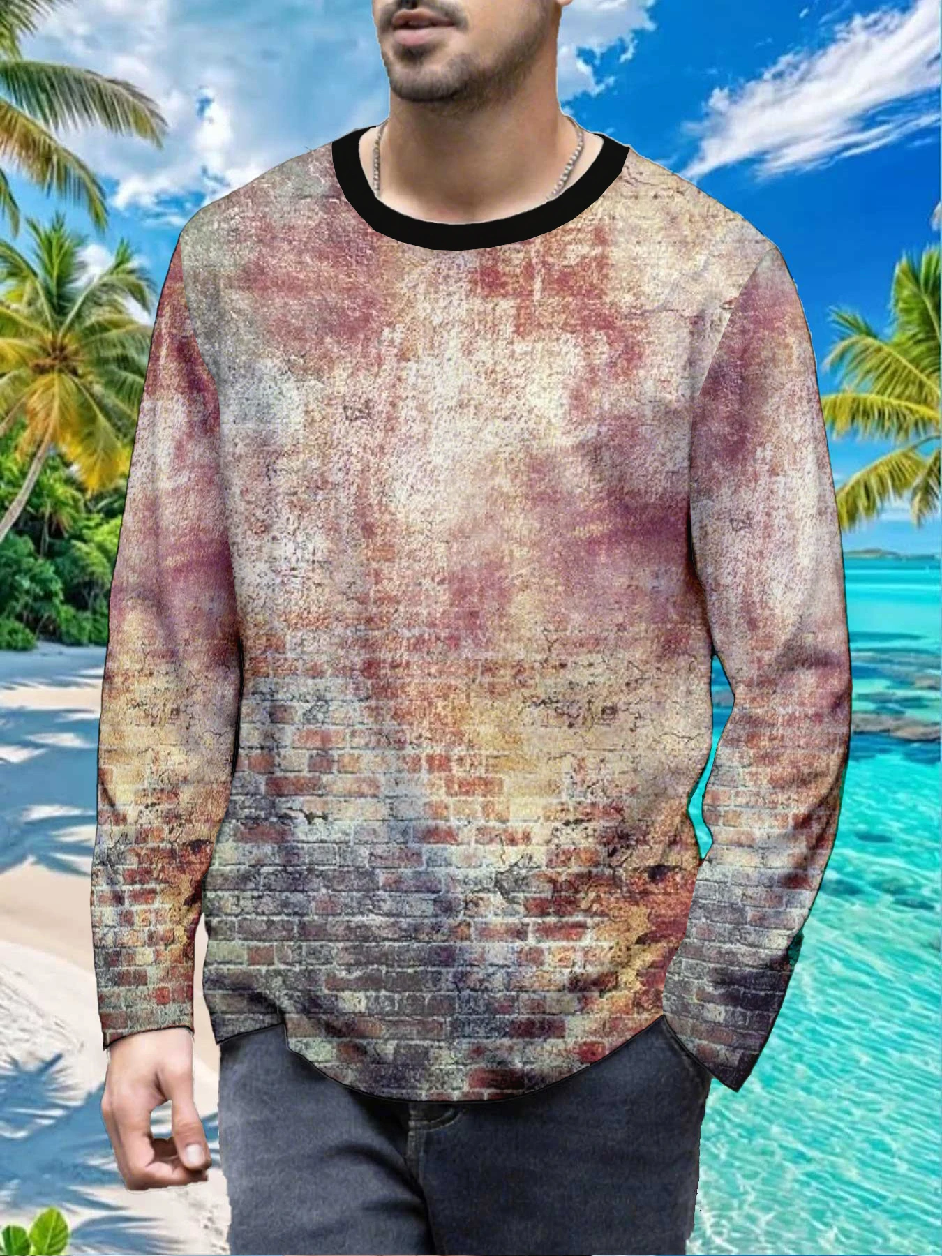 Vintage Distressed Grunge Texture Wall Mens Polyester Long Sleeve T Shirt Rustic Brick Faded Print Graphic Tee Retro Casual Stre
