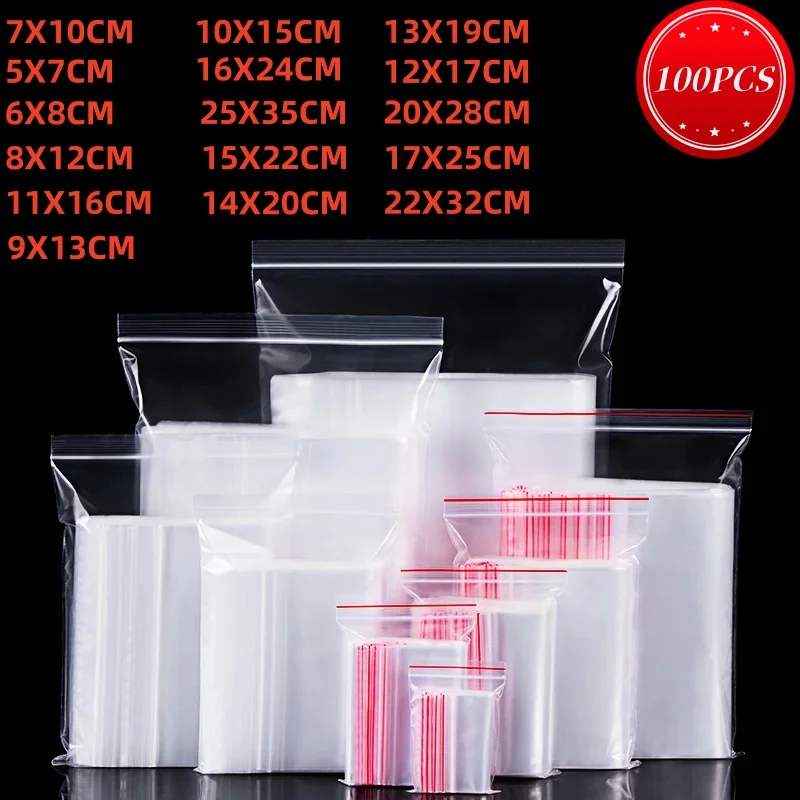 100PC Transparent Folding PE Multi-SizeThickened Sealable Bag Reusable Food Storage Bag Vacuum Kitchen Packaging Storage Ziplock