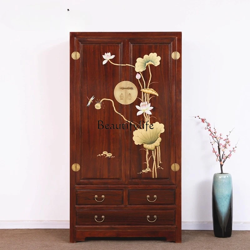 

New Chinese hand-painted solid wood camphor wood wardrobe household bedroom double door storage stand cabinet