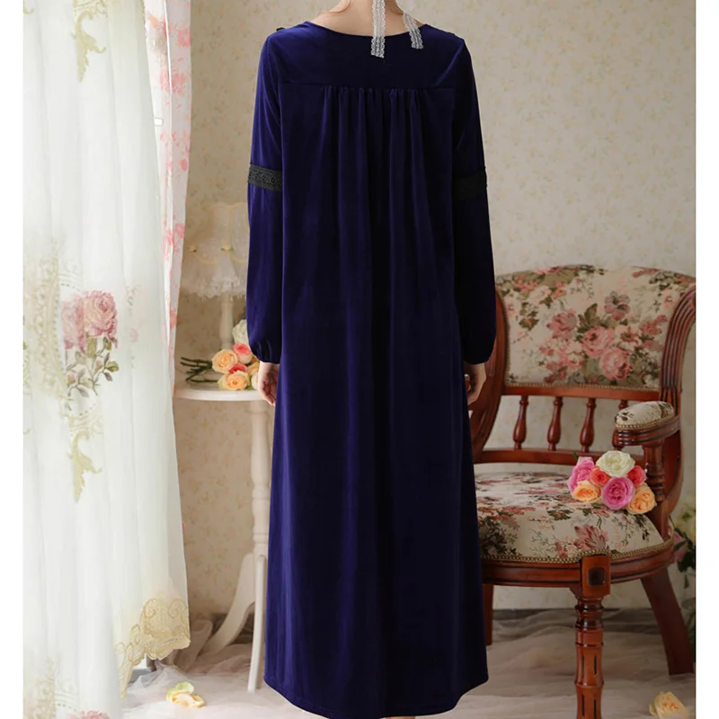 Long Sleeve Velvet Lace Fairy Nightgown Women Winter Vintage Velvet Pajamas Nightdress Loose Home Clothes Sleepwear Night Dress