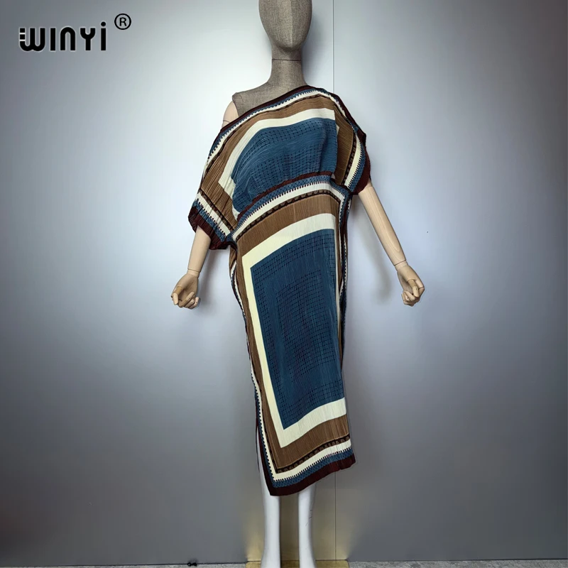 WINYI Women's Maxi Kaftan Dress Dubai Style Pleated Elastic Beach Cover-Up Holiday Luxury Party Evening Gown