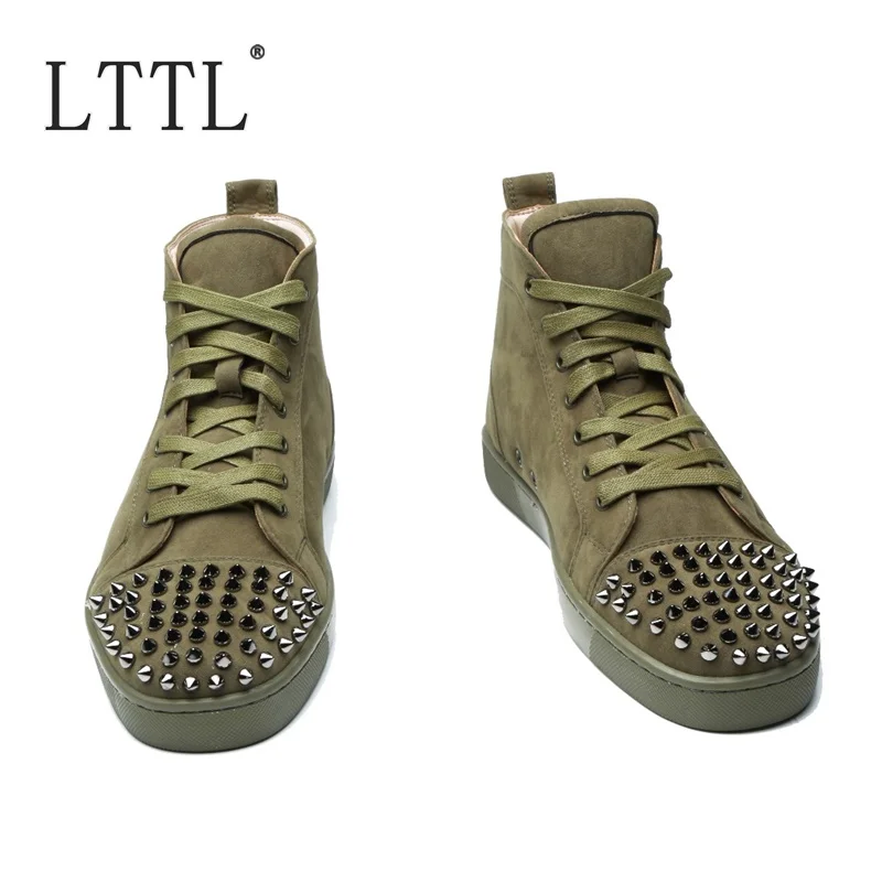 Luxury Brand Green Suede Sneakers Men Casual Shoes High Quality Rivet Shoes Men Lace-up Leather Shoes Mens Sneakers